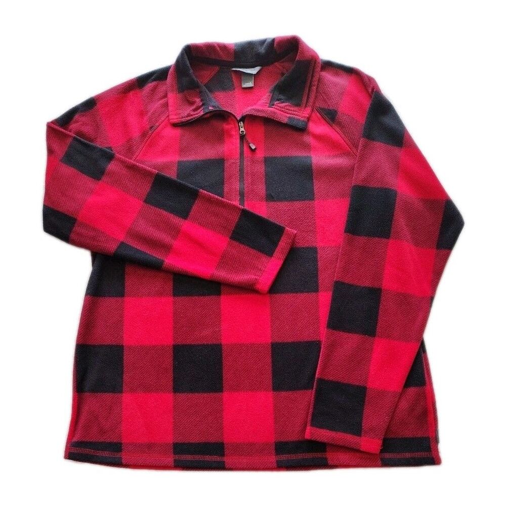 Eddie Bauer Women's Large Buffalo Plaid 1/4 Zip Fleece Pullover Sweatshirt Cabin